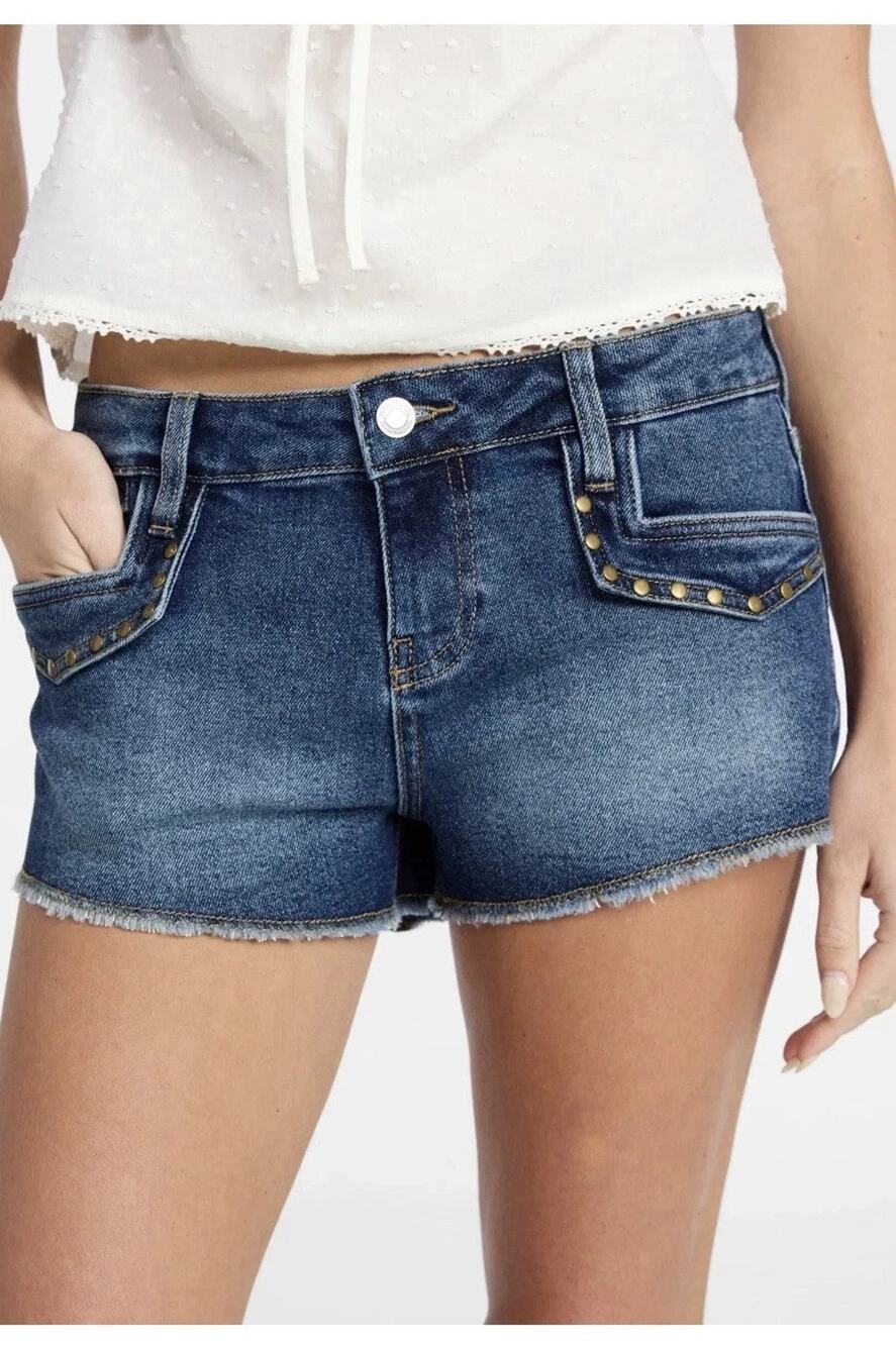 No Boundaries Women’s Denim Shorts Size 00 | Blue Mid Rise Studded 5-Pock00